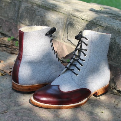 Crafted leather handmade two tones ankle high lace up dress boots for men