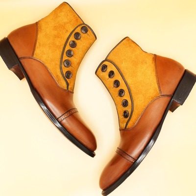 Crafted leather new handmade men brown suede leather ankle high button dress boot - Thumbnail 3
