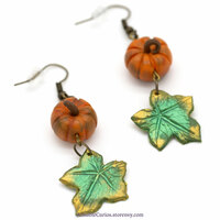 Orange pumpkin Earrings with green leaves, brass color, original jewelry polymer clay - Thumbnail 3