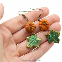 Orange pumpkin Earrings with green leaves, brass color, original jewelry polymer clay - Thumbnail 1