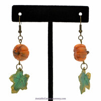 Orange pumpkin Earrings with green leaves, brass color, original jewelry polymer clay - Thumbnail 2