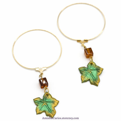 Pumpkin leaf hoop earrings, gold color, original polymer clay jewelry