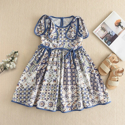 Toddler girls blue floral print tie sleeve summer bohemian flowy cotton blend dress free shipping