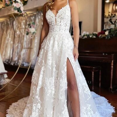 Chic white lace wedding dresses, v-neck bridal dresses with side slit