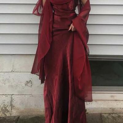 Spaghetti straps a line burgundy long prom dresses - Thumbnail 2