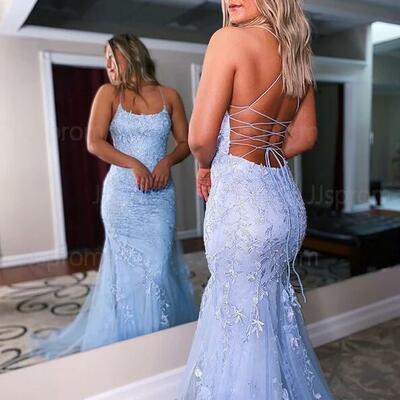 Mermaid spaghetti straps light blue lace prom dress - Thumbnail 2