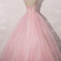 A Line Pink Round Neck Tulle Lace Prom Dresses - Thumbnail 1