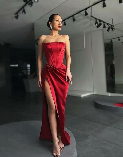 Unique Strapless Wine Red Long Senior Prom Dresses