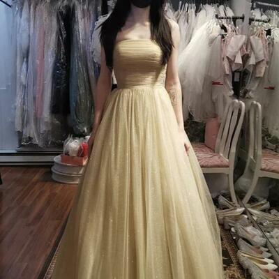 Cute a line strapless tulle long prom gown - Thumbnail 1
