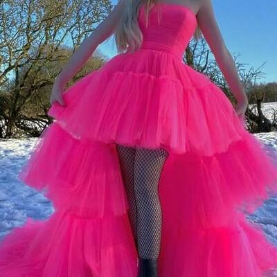 Princess hot pink high low prom dress evening gowns - Thumbnail 3