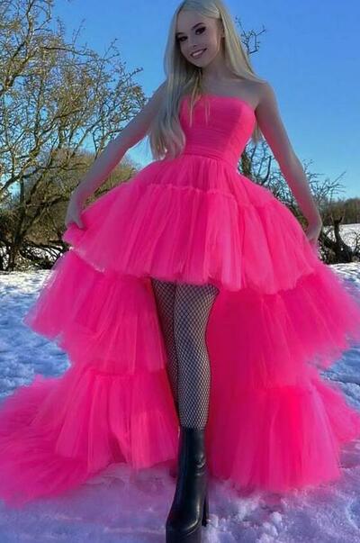 Princess Hot Pink High Low Prom Dress Evening Gowns