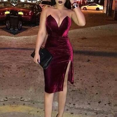 Sexy deep v neck wine red velvet slit slim evening dress