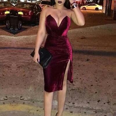 Sexy Deep V Neck Wine Red Velvet Slit Slim Evening Dress