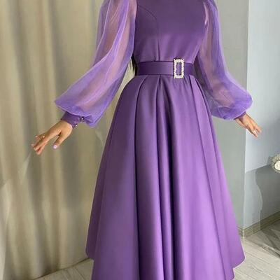 A-line purple tea length prom formal evening gowns 