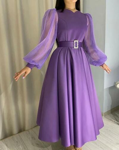 A-Line Purple Tea Length Prom Formal Evening Gowns 