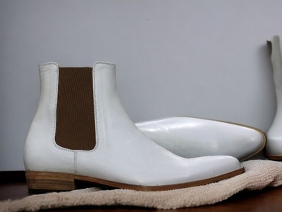 Ankle High Men's Handmade White Chelsea Boot, Leather Fashion Boot