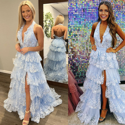 Sky Blue Prom Dresses Slit Side 