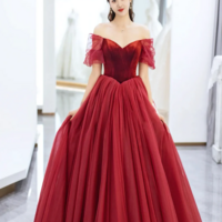 Elegant Tulle and Velvet Long Prom Dress, Off the Shoulder A Line Evening Party Dress KPP1711 - Thumbnail 1