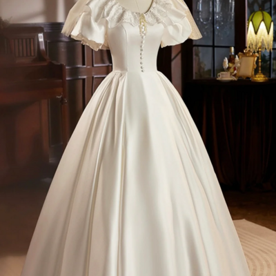 Satin tea length prom dress with lace, white a line evening party dress kpp1712