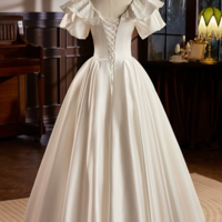 Satin Tea Length Prom Dress with Lace, White A Line Evening Party Dress KPP1712 - Thumbnail 2