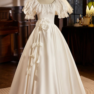 White satin tea length prom dress with lace, aline evening party dress kpp1713