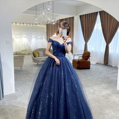 Beautiful navy blue tulle off the shoulder formal prom dress