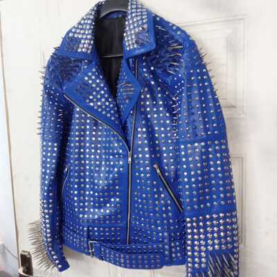 Crafted leather new men's punk blue silver long spiked studded brando biker leather jacket - Thumbnail 3