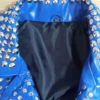 Crafted Leather New Men's Punk Blue Silver Long Spiked Studded Brando Biker Leather Jacket - Thumbnail 3