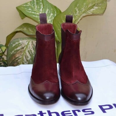 Crafted leather bespoke handmade classic men chelsea wingtip boot in burgundy and suede leather - Thumbnail 4