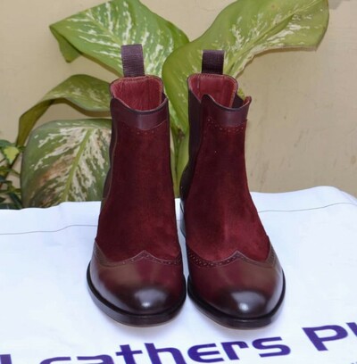 Crafted Leather Bespoke Handmade Classic Men Chelsea Wingtip Boot in Burgundy and Suede Leather