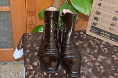 Jo Ghost Black Patent Leather Ankle High Jodhpur Buckle Boot with Zipper and Button