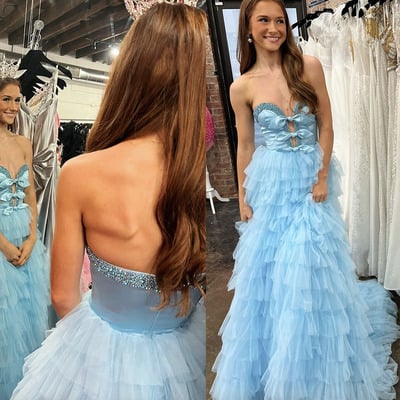 Sky blue prom dresses with bowknots - Thumbnail 1