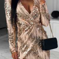 Temperament V-Neck Long sleeved Sequin Dress - Thumbnail 3