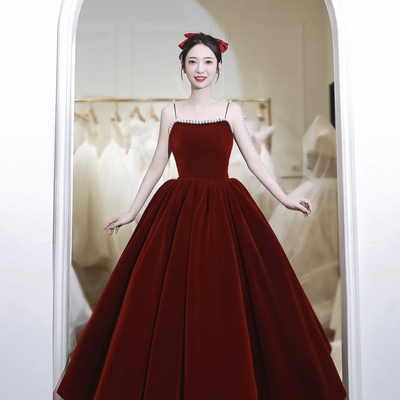 Burgundy velvet tea length prom dress with with pearls - Thumbnail 1