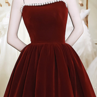 Burgundy Velvet Tea Length Prom Dress with with Pearls - Thumbnail 1