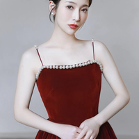 Burgundy Velvet Tea Length Prom Dress with with Pearls - Thumbnail 2