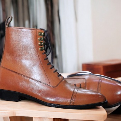  ankle high handpainted  brown leather laceup cap toe formal boot - Thumbnail 1