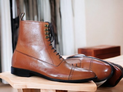  Ankle High Handpainted  Brown Leather Laceup Cap toe Formal boot