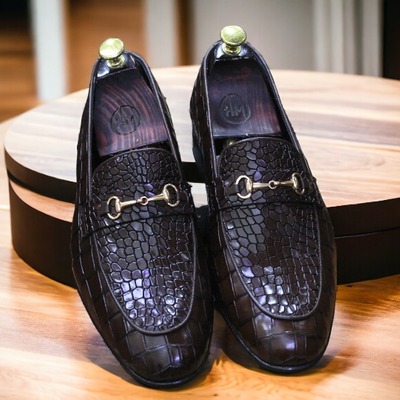 Handmade men's black alligator leather horse bit slip on loafer shoes  - Thumbnail 2