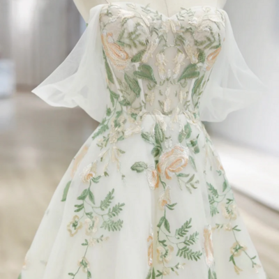 Beautiful floral lace tulle long prom dress, white off the shoulder evening party dress kpp1714