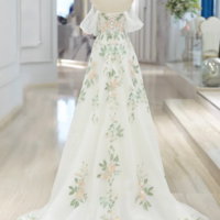 Beautiful Floral Lace Tulle Long Prom Dress, White Off the Shoulder Evening Party Dress KPP1714 - Thumbnail 2