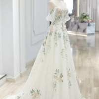 Beautiful Floral Lace Tulle Long Prom Dress, White Off the Shoulder Evening Party Dress KPP1714 - Thumbnail 3