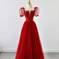 Dark Red Tulle Floor Length Formal Dress, Beautiful A Line Short Sleeve Evening Dress with Beaded KPP1715 - Thumbnail 2