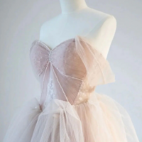 A Line Off Shoulder Tulle Lace Champagne Pink Long Prom Dress, Lace Long Formal Dress KPP1716 - Thumbnail 1