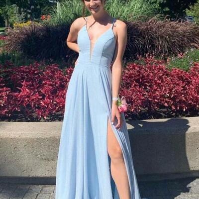 A line v neck blue long prom dresses - Thumbnail 2