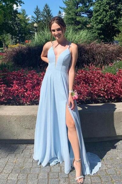 A Line V Neck Blue Long Prom Dresses