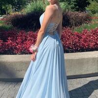 A Line V Neck Blue Long Prom Dresses - Thumbnail 1