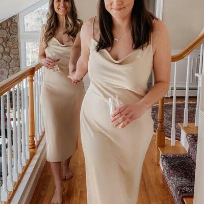 Simple straps midi length sip bridesmaid dresses