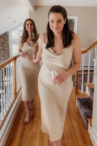 Simple Straps Midi Length Sip Bridesmaid Dresses