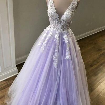 A-line lavender tulle and white lace appliques long prom dress - Thumbnail 4